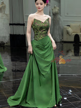 Green Print Strapless Pleats Prom Dress