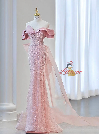 Pink Mermaid Sequins Prom Dress