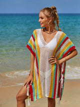 Rainbow Stitching Hollow Knit Tassel Bikini Cover Up