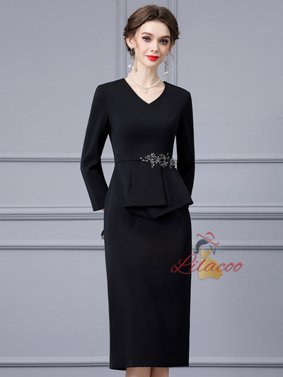 Black Long Sleeve V-neck Mother Of The Bride Dress