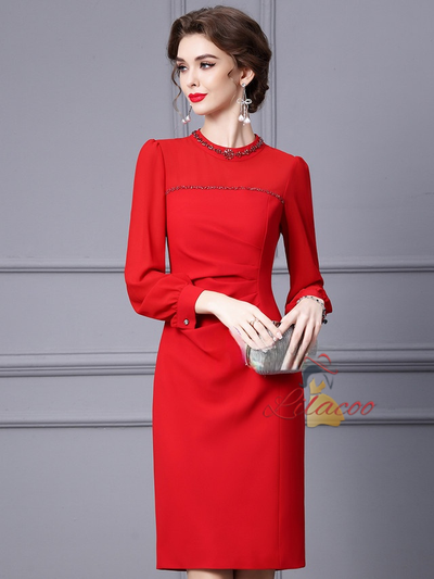 Red Long Sleeve Crystal Mother Of The Bride Dress