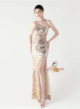 Mermaid Sequins One Shoulder Split Prom Dress