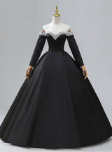 Black Satin Long Sleeve Pearls Off the Shoulder Prom Dress