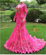 Fuchsia Mermaid Sequins Long Sleeve Prom Dress