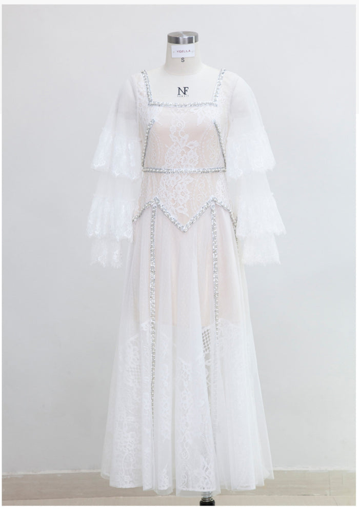 White Lace Long Sleeve Beading Prom Dress