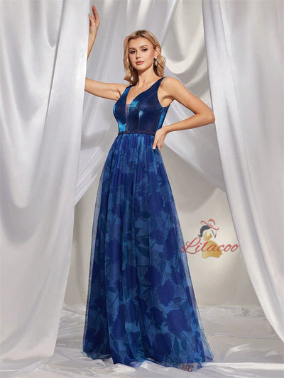 V-neck Print Stitching Rhinestone Split Dress