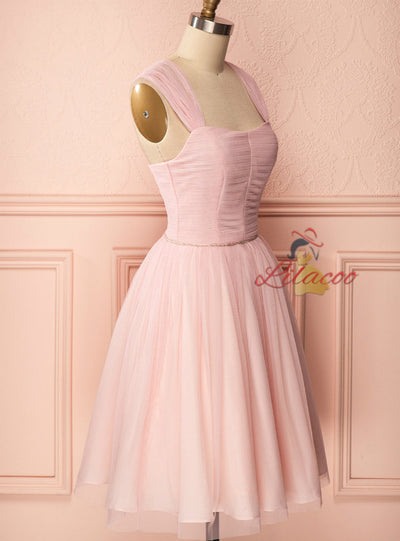 Pink Tulle Pleats Beading Homecoming Dress