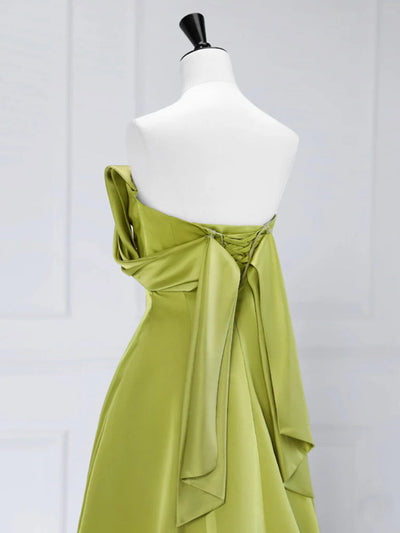 Green Satin Off the Shoulder Pleats Prom Dress
