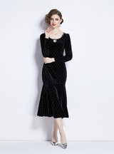 Retro Polka-dot Velvet Dress