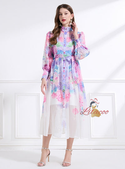 Printed Chiffon Long Sleeves Dress
