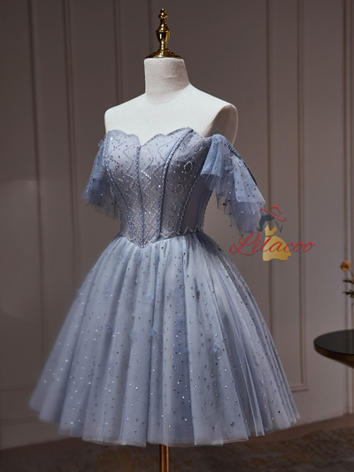 A-line Blue Gray Tulle Beading Homecoming Dress