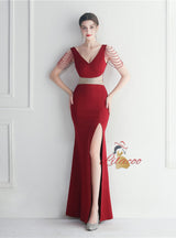 V-neck Mermaid Split Beading Prom Dress