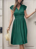 V-neck High Waist Pleated Dress