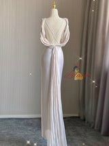 White V-neck Backless Pleats Wedding Dress