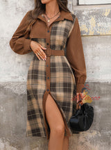 Casual Retro Shirt Plaid Stitching Dress