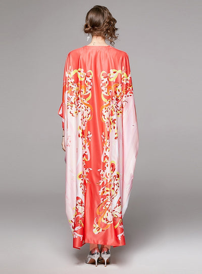 Printed V-neck Loose Bat Dress