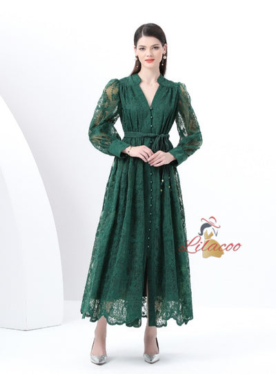 V-neck Lace Single-breasted Long Dress