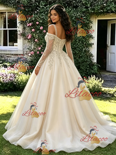 Champagne Tulle Long Sleeve Appliques Quinceanera Dress
