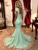 Green Mermaid Sequins Cap Sleeve Prom Dress