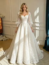 White Lace Long Sleeve Square Neck Wedding Dress