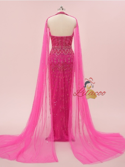 Fuchsia Mermaid Tulle Halter Beading Sequins Prom Dress