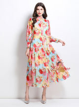 Contrast Retro Lantern Sleeve Printed Dress