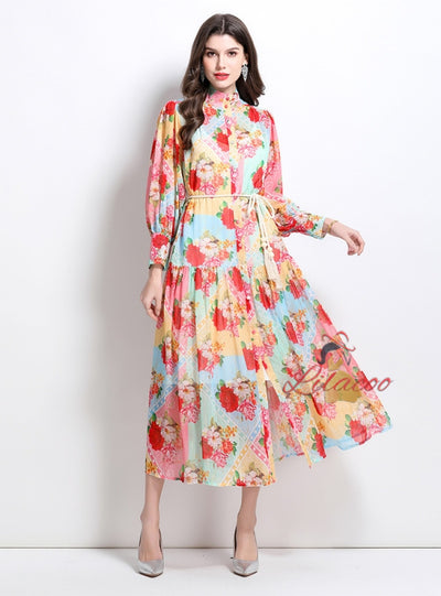 Contrast Retro Lantern Sleeve Printed Dress