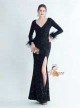 V-neck Long Sleeve Sequins Prom Dress