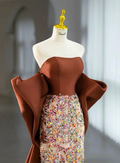 Brown Mermaid Strapless Sequins Satin Prom Dress