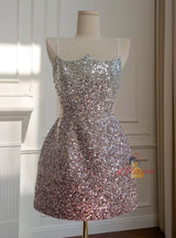 Silver Pink Sequins Straps Short Prom Dress