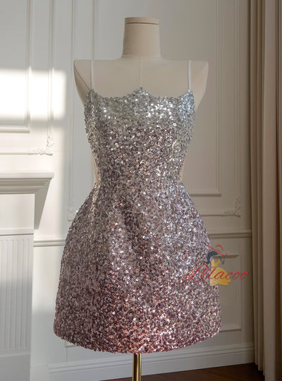 Silver Pink Sequins Straps Short Prom Dress