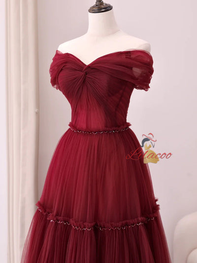 Burgundy Tulle Pleats Beading Off the Shoulder Prom Dress