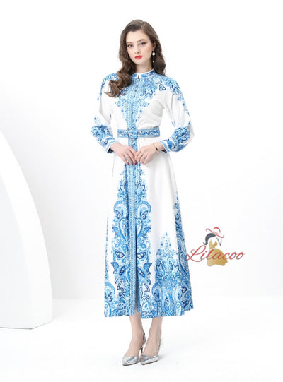 Retro National Print Slim Breasted Dress