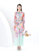 Retro Lapel Lantern Sleeve Long Printed Dress