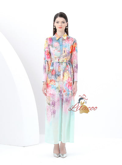 Retro Lapel Lantern Sleeve Long Printed Dress