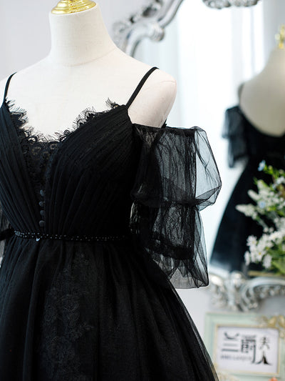 Black Tulle Lace Pleats Homecoming Dress