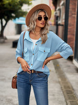 Waffle Pocket Long Sleeve Loose Lapel Shirt Coat