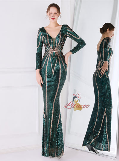 Long Sleeve V-neck Sequins Prom Dress