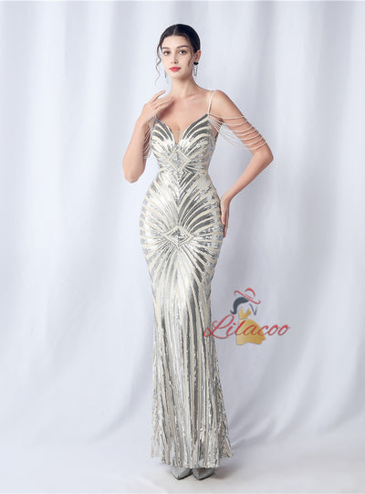 Mermaid Sequins Beading Spaghetti Straps Prom Dress