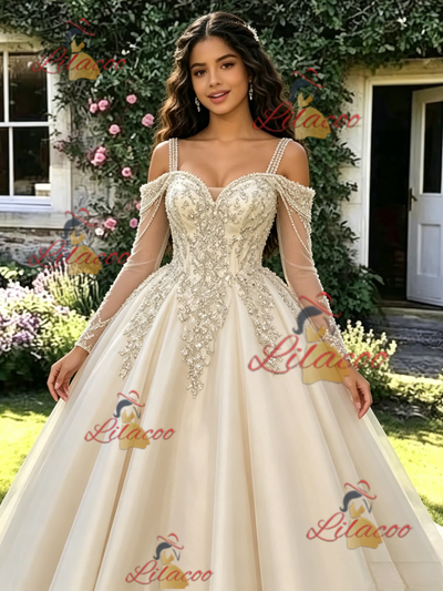 Champagne Tulle Long Sleeve Appliques Quinceanera Dress