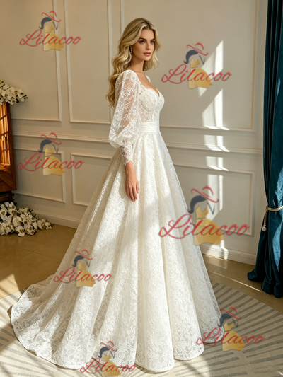 White Lace Long Sleeve Square Neck Wedding Dress