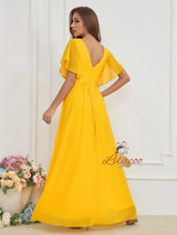 Yellow Chiffon V-neck Sequins Prom Dress