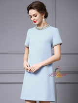 Blue Short Sleeve Crystal Mother Of The Bride Dress