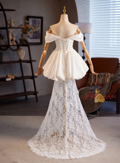 White Mermaid Lace Pleats Wedding Dress