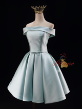 Blue Satin Off the Shoulder Pleats Homecoming Dress