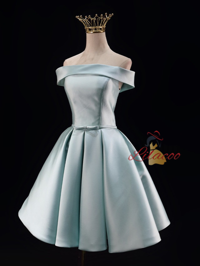 Blue Satin Off the Shoulder Pleats Homecoming Dress