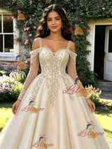 Champagne Tulle Long Sleeve Appliques Quinceanera Dress