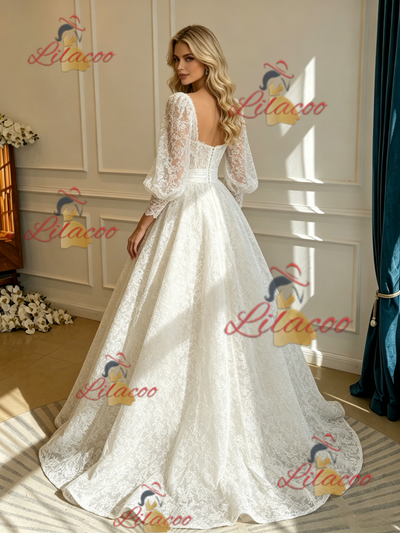 White Lace Long Sleeve Square Neck Wedding Dress