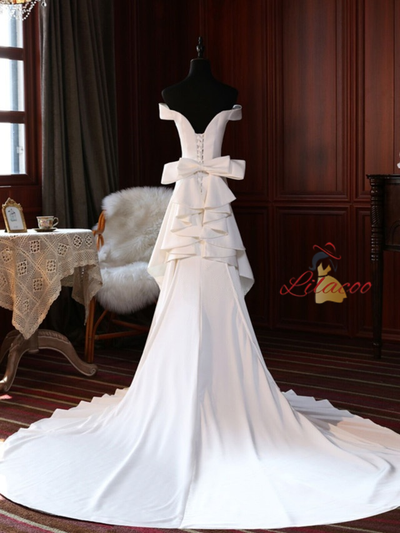White Off the Shoulder Bow Wedding Dress