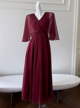 Burgundy Chiffon V-neck Pleats Prom Dress
